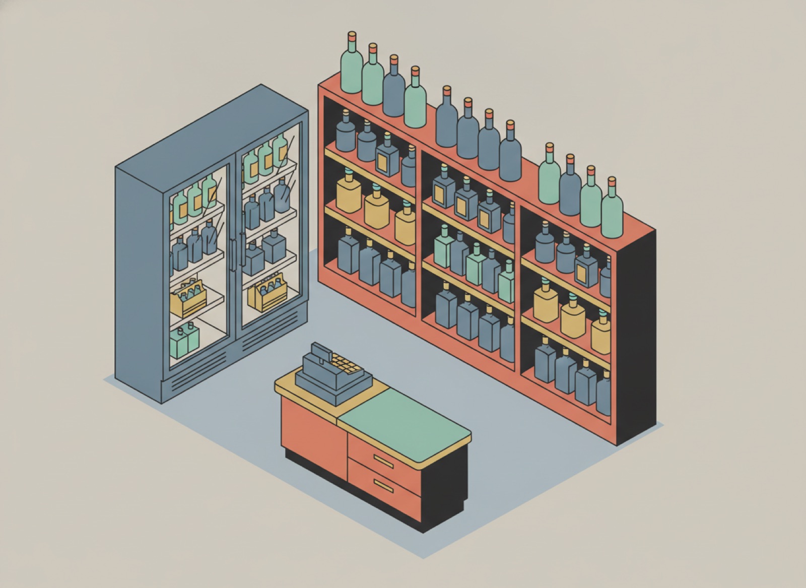 Ilustración isométrica de una licorería con estantes de botellas, refrigerador y caja registradora en el mostrador
