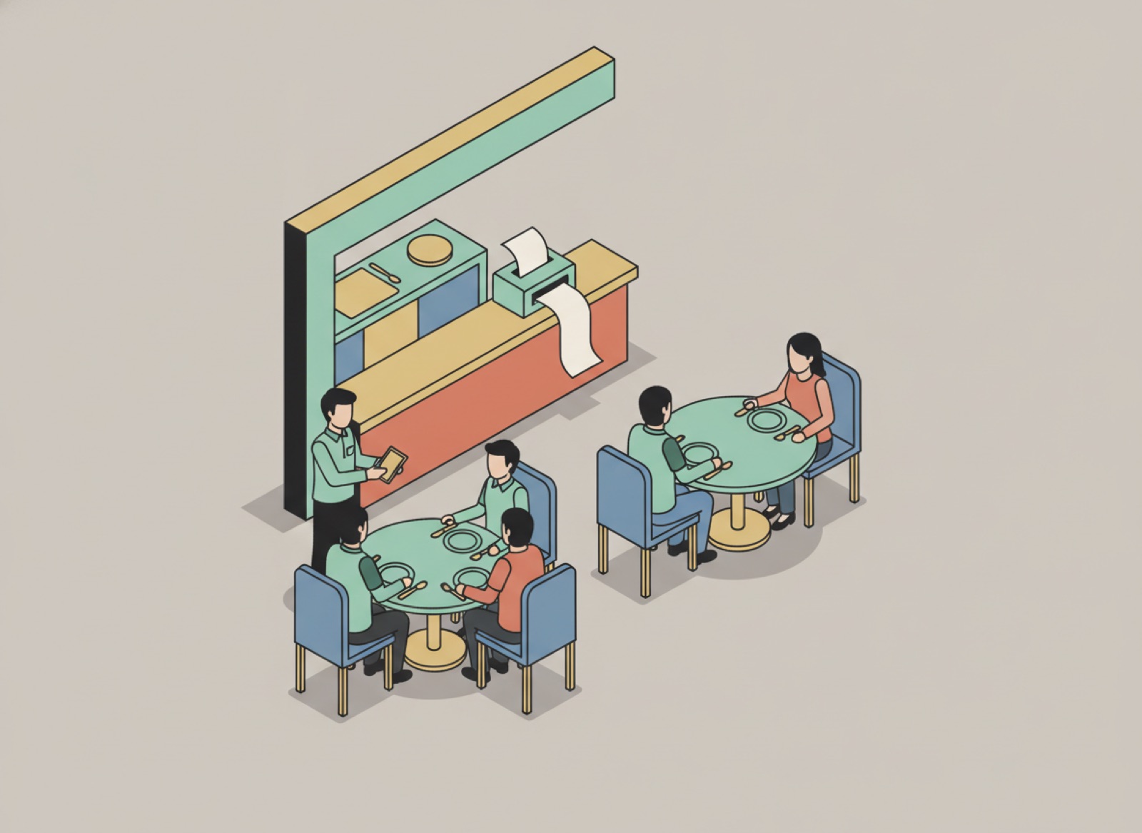Ilustración isométrica de un restaurante pequeño con mesas servidas, un mesero tomando la orden en tablet e impresora de comandas en la cocina