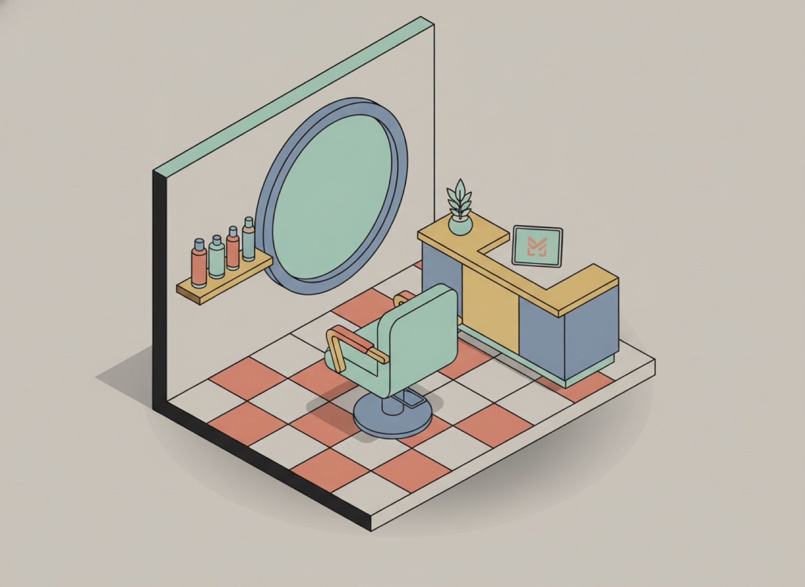 Ilustración isométrica de un salón de belleza con silla de estilista frente al espejo, repisa de productos y tablet en recepción