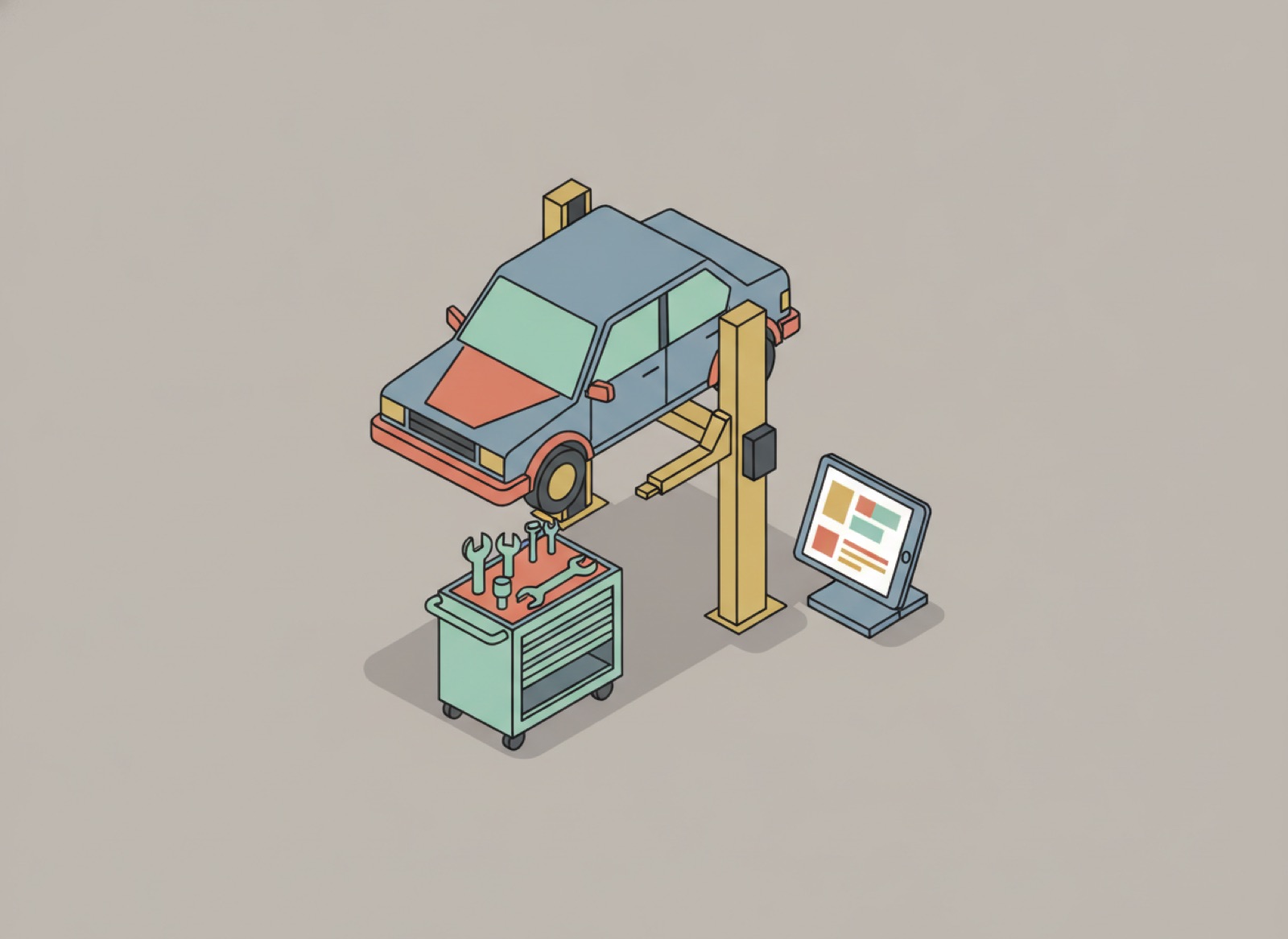 Ilustración isométrica de un taller mecánico con un auto en rampa, carro de herramientas y una tablet con la orden de servicio
