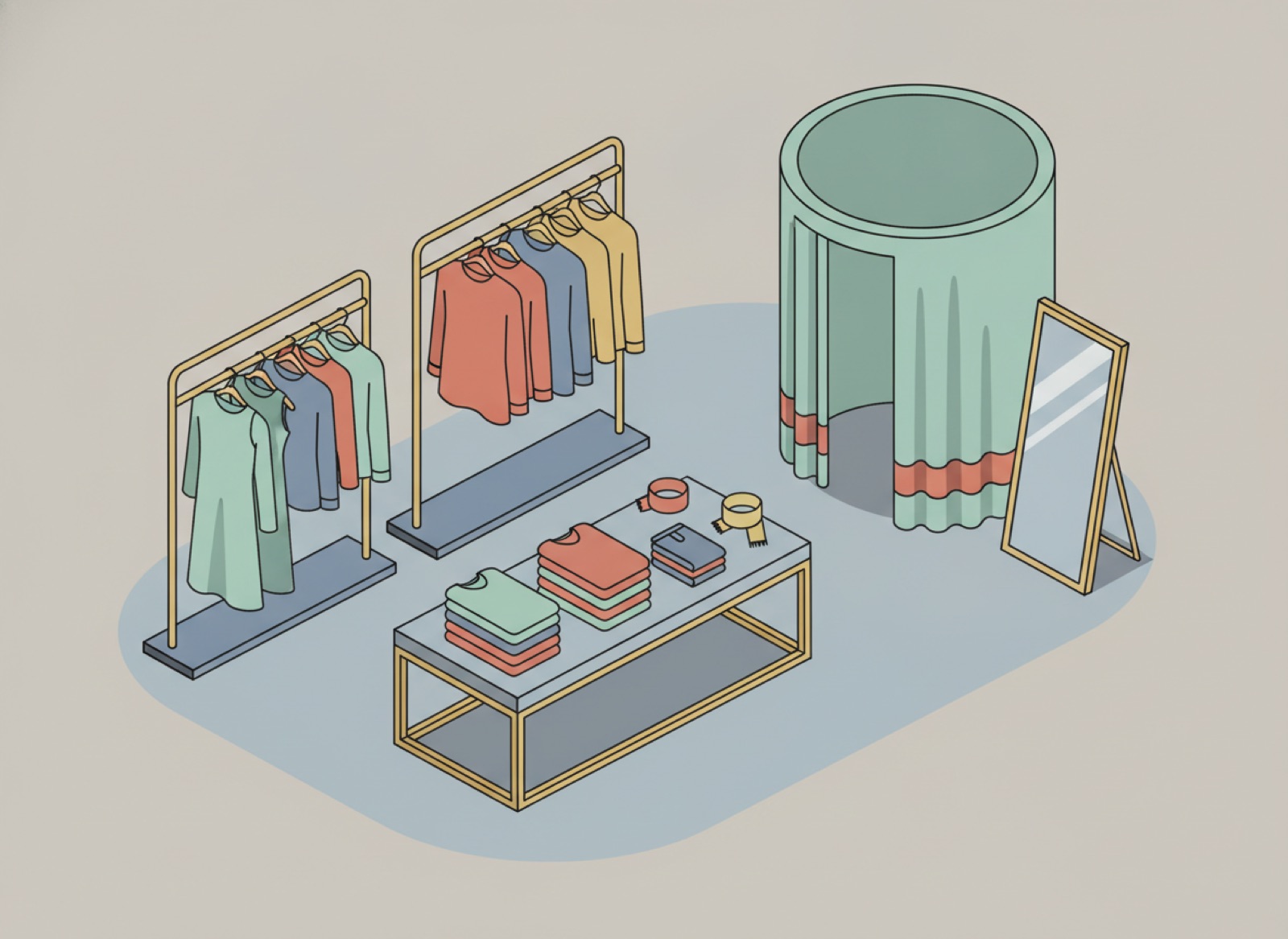Ilustración isométrica de una tienda de ropa con racks de prendas colgadas, pilas dobladas por talla y un probador al fondo