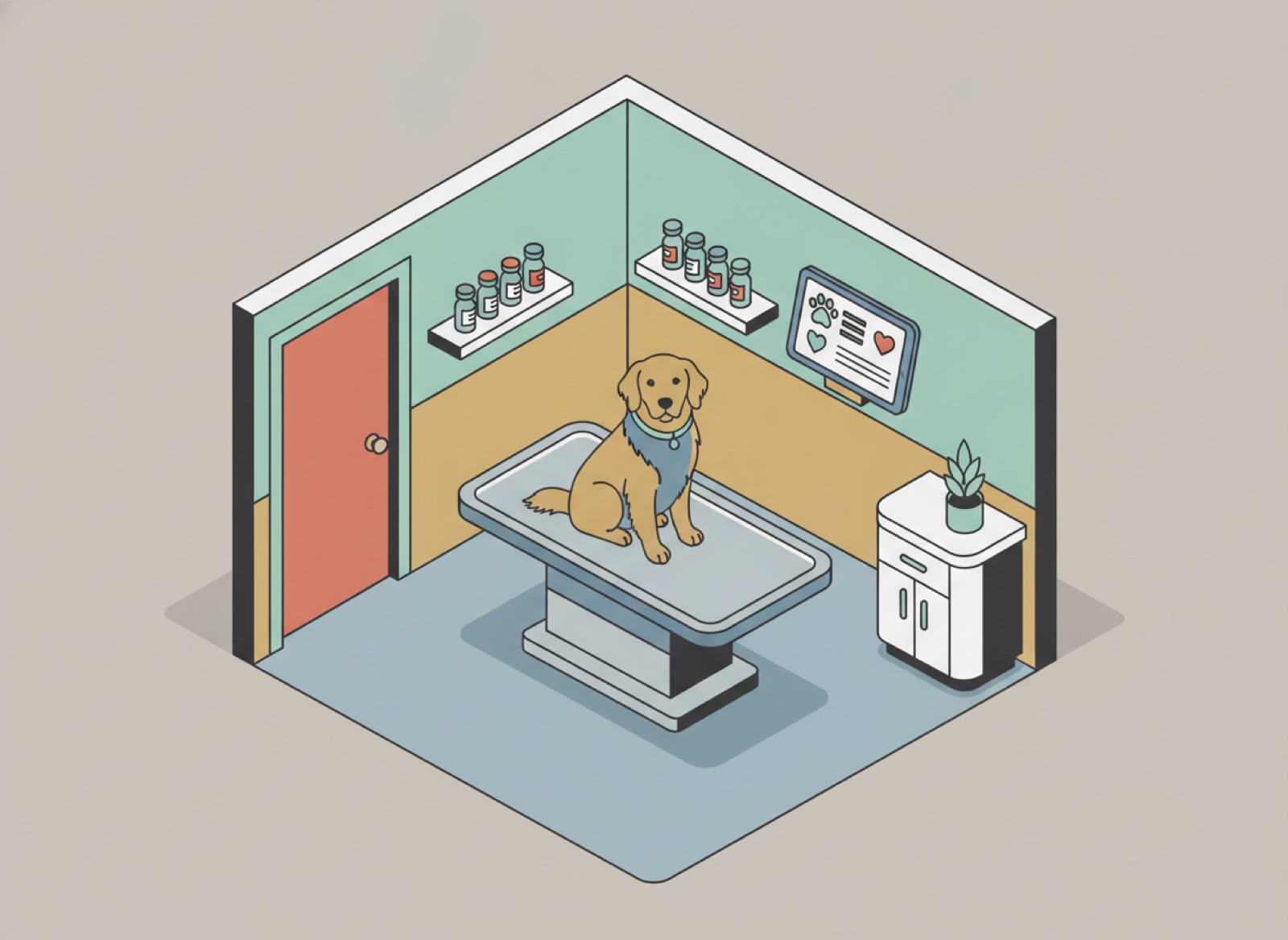 Ilustración isométrica de un consultorio veterinario con un perro en la mesa de exploración, repisa de vacunas y una tablet con el expediente
