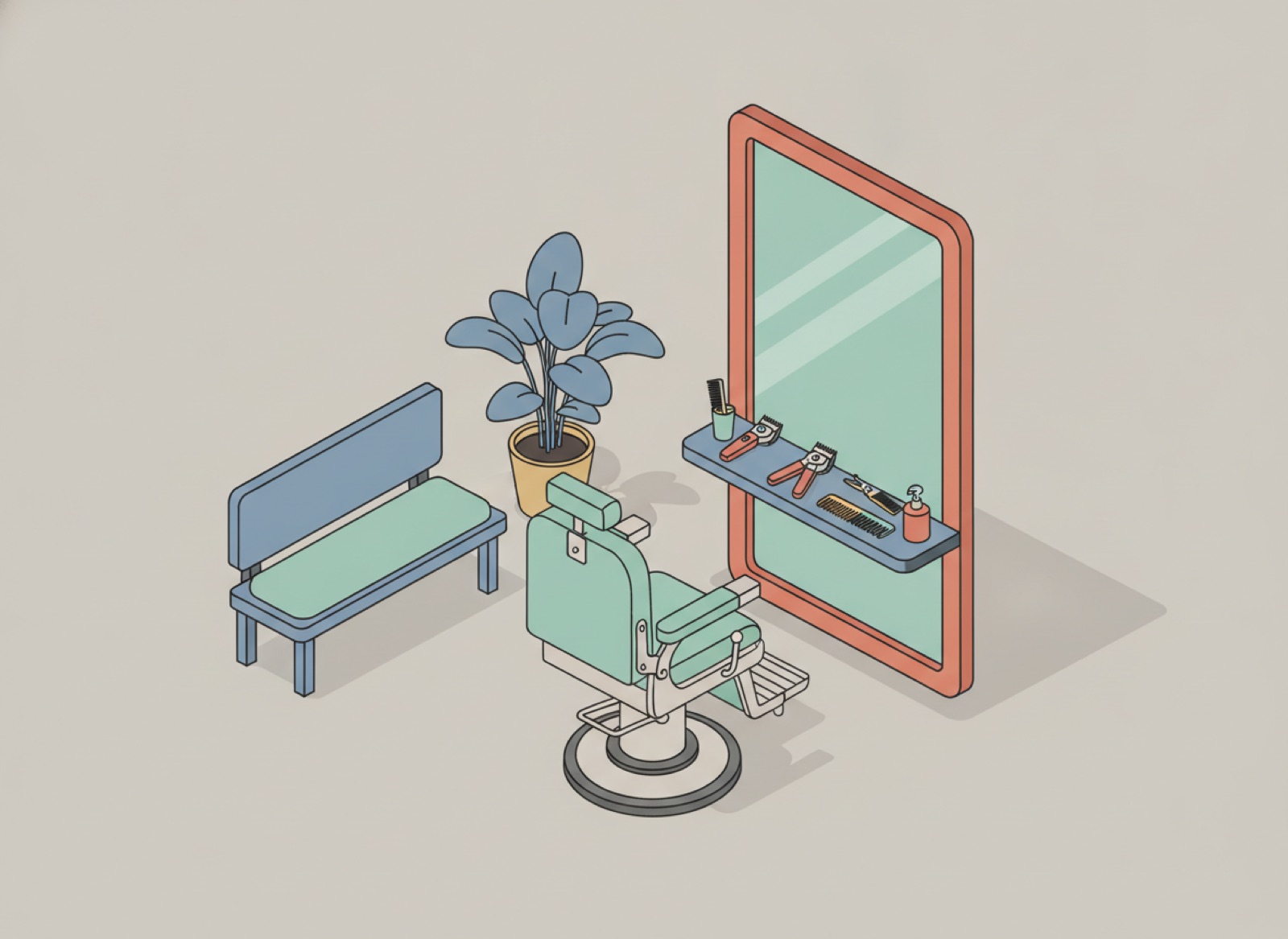 Ilustración isométrica de una barbería con silla de barbero frente al espejo, máquinas en la repisa y una banca de espera