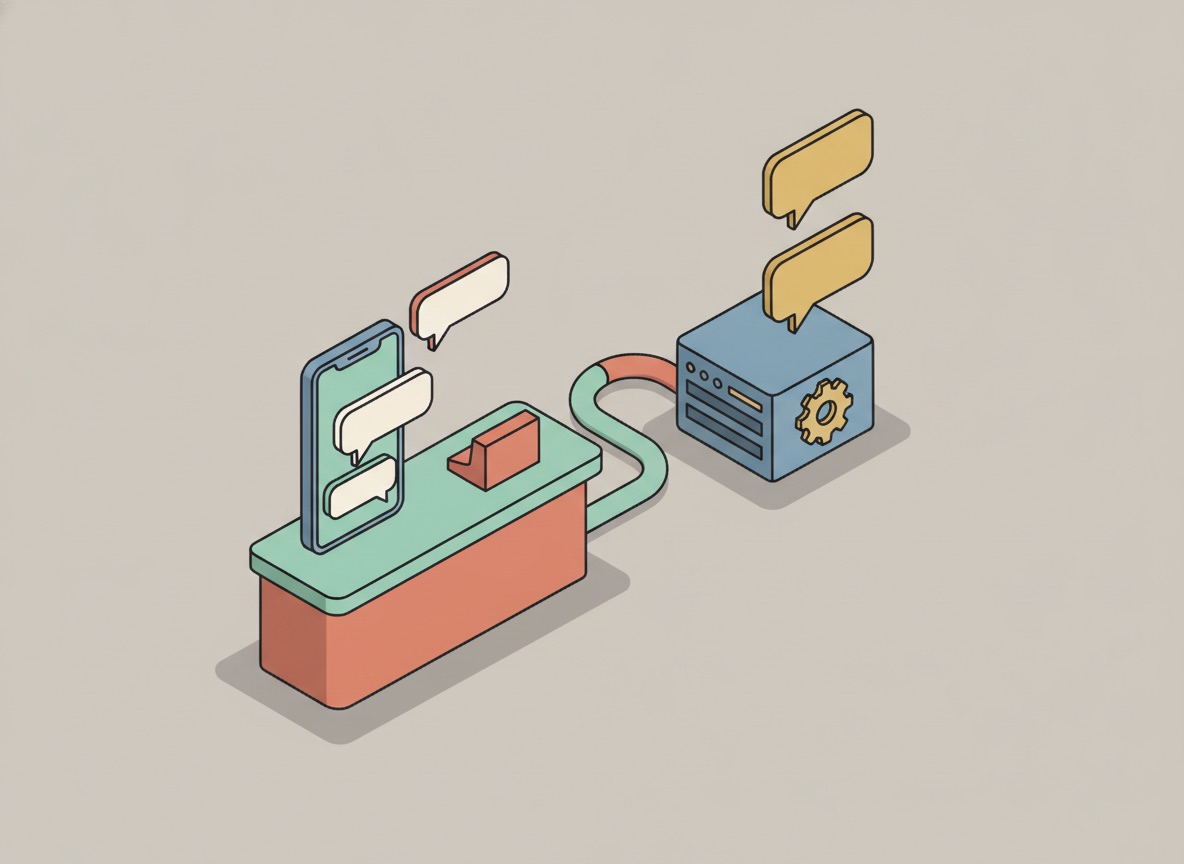 Ilustración isométrica de un mostrador de negocio con un teléfono conectado por un cable a una caja de servidor, con burbujas de chat saliendo hacia arriba