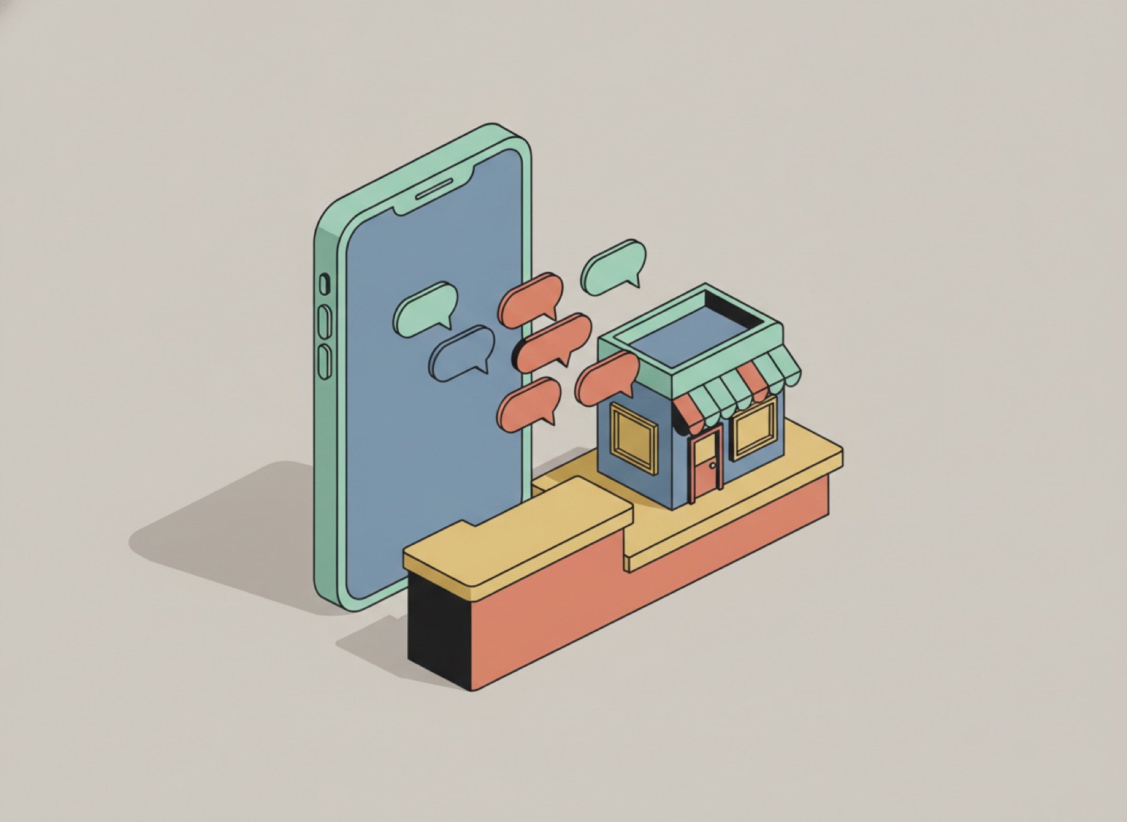 Ilustración isométrica de un teléfono en el mostrador de una tienda con burbujas de conversación saliendo hacia el local