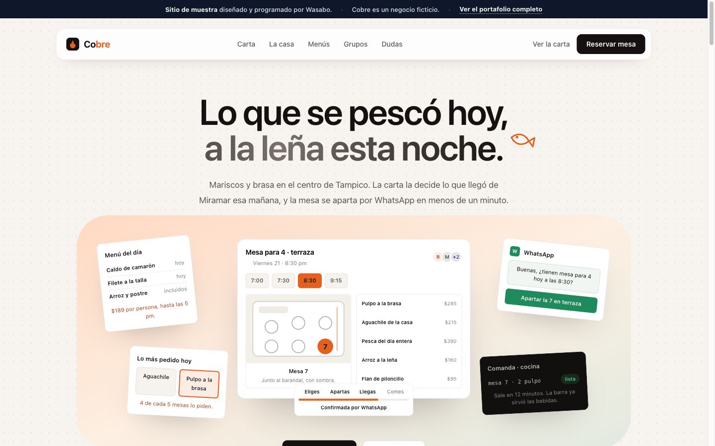 Sitio de muestra del restaurante Cobre, visto en computadora