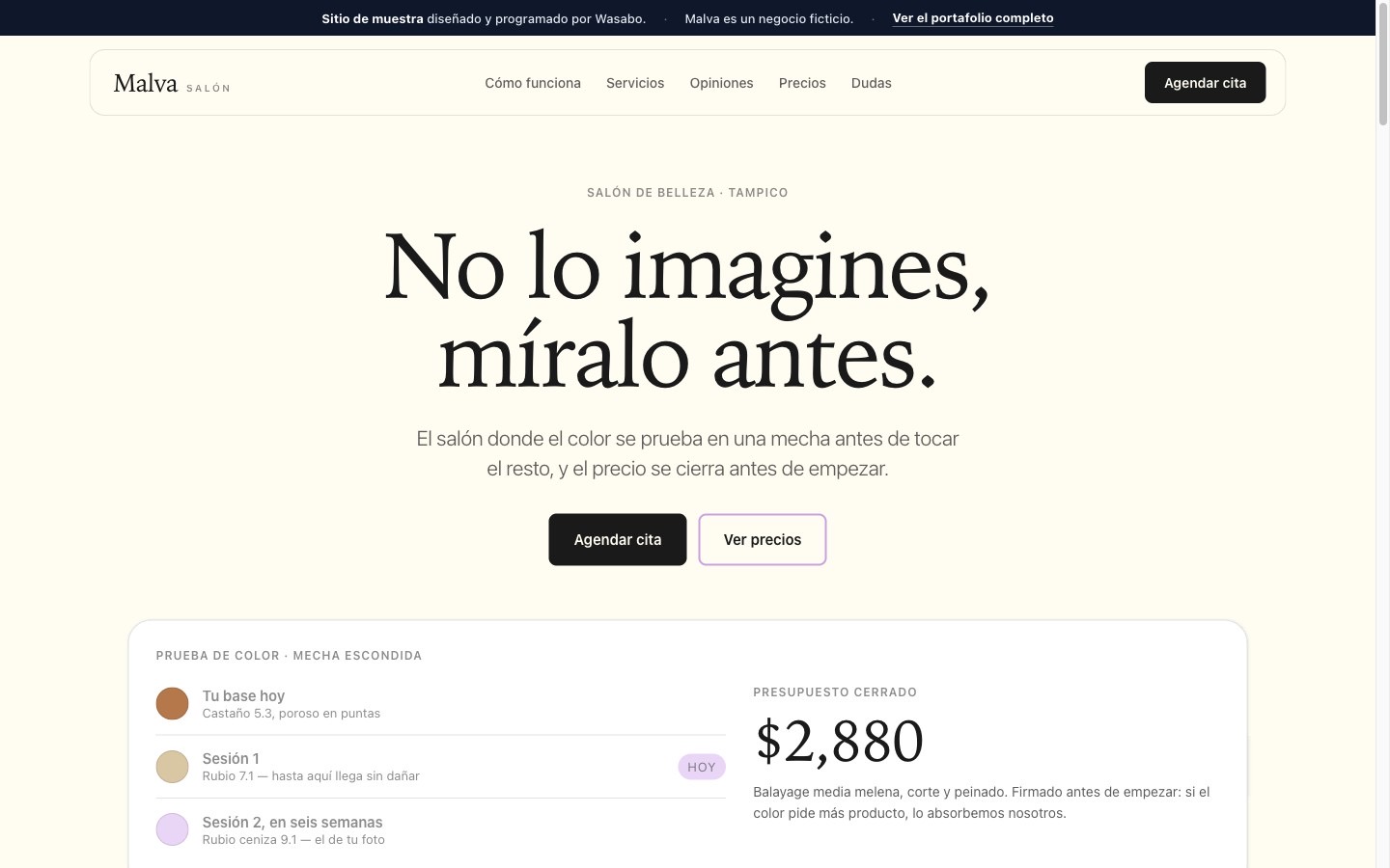 Portada del sitio del salón de belleza Malva