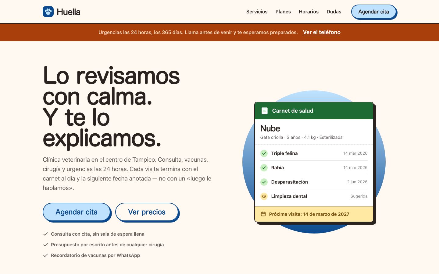 Portada del sitio de la veterinaria Huella