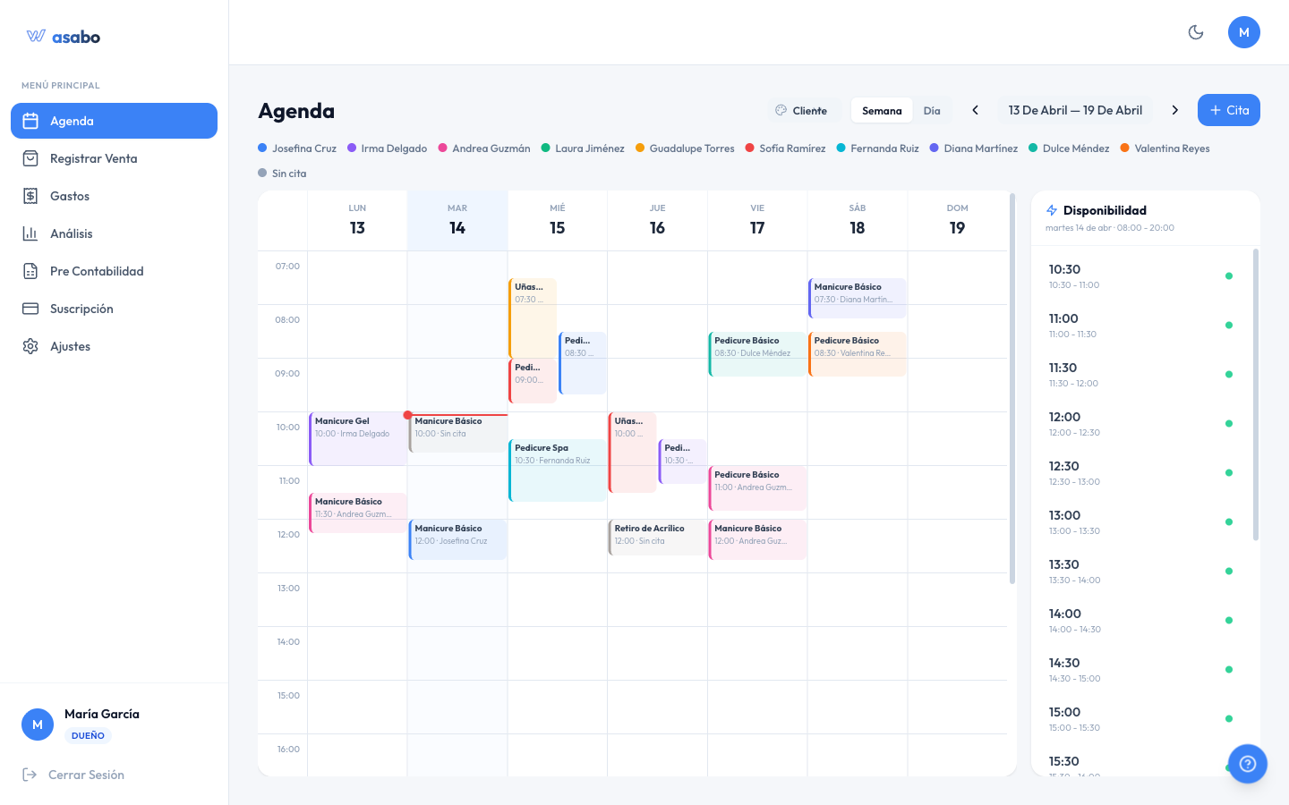 Pantalla de agenda de citas de la semana en Wasabo Control