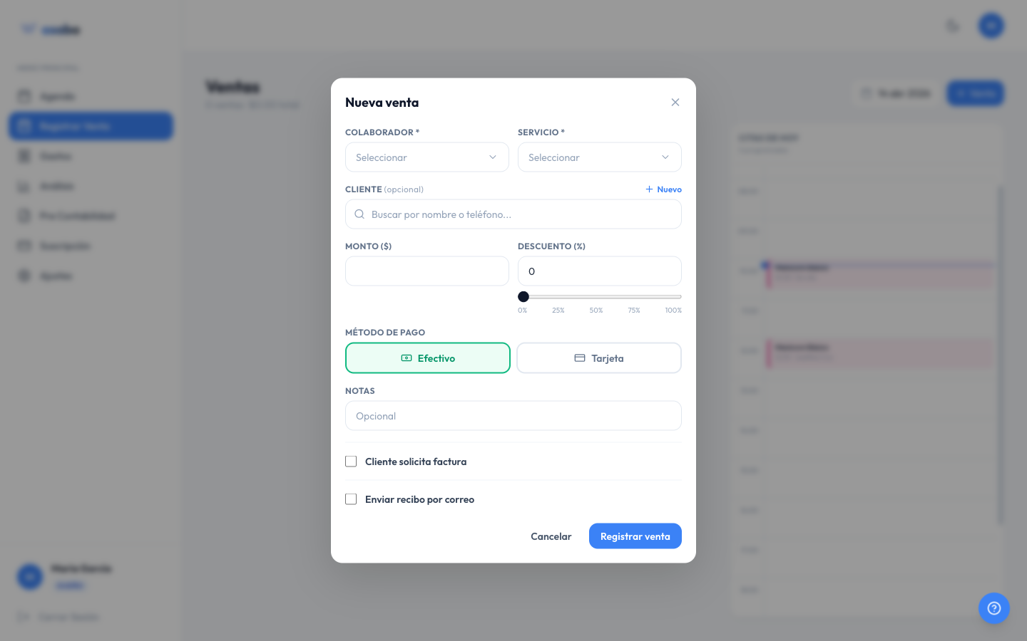 Pantalla de registrar una venta en Wasabo Control
